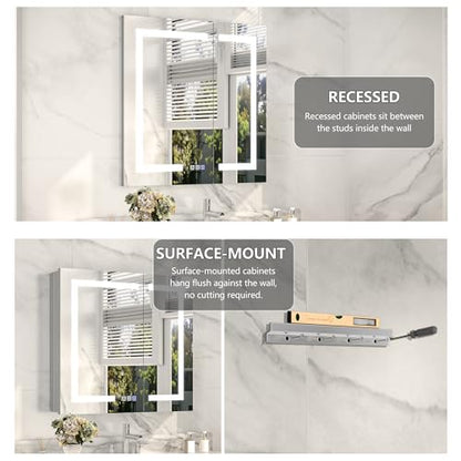 30x30" Wall-Mounted LED Bathroom Medicine Cabinet, Anti-Fog, 3 Color Temp | Surface-Mount/Recessed, Double-Sided Mirror Cabinet with DTC Silent-Close Hinges, Adjustable Tempered Glass Shelf - size: 30W x 30H Inch