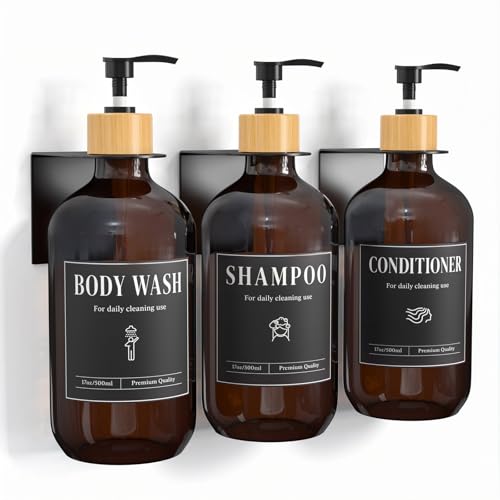 Luxspire 17oz Shampoo and Conditioner Dispenser 3 Sets for Bathroom, Amber | Matte PET bottle, no-drill stainless bracket, detachable pump, dual wall/counter install with classification stickers - color: Amber Brown