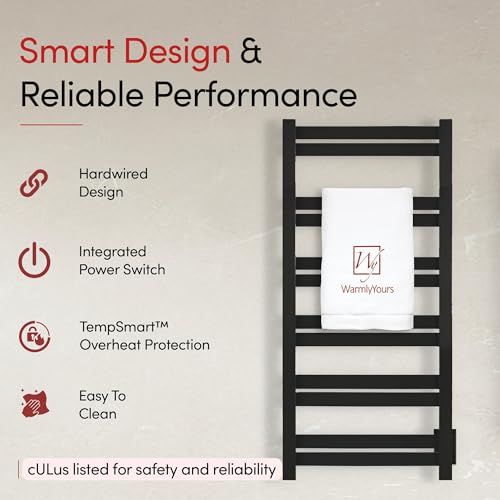 WarmlyYours Grande Heated Towel Rack, 12 Bars, Matte Black | Wall-mounted electric towel warmer rack and dryer, 120V hardwired, flat heated bars for towels and bathrobes - color: Matte Black, size: 12 Bars