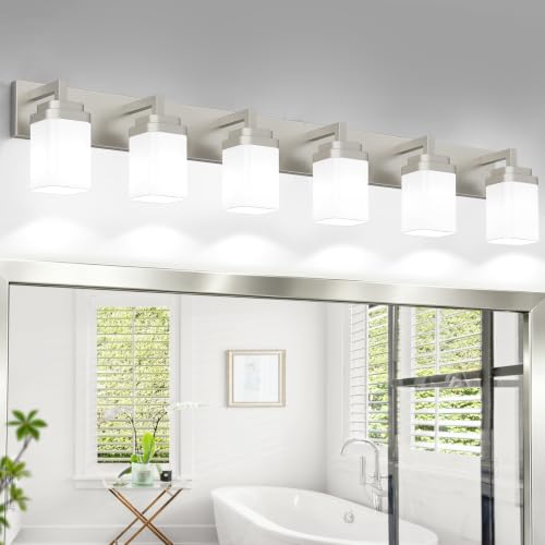 Brushed Nickel Bathroom Light Fixtures, Modern Vanity Lights with White Glass Lamp Shade, Bathroom Lighting Fixtures Over Mirror, Restroom Vanity Lighting Fixture, 6-Light 46 Inch - color: Nickel, size: 6-Light