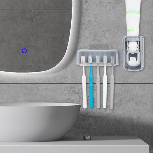 5 Slots Wall Mount Toothbrush Holder with Cover, Self Adhesive Toothbrush Storage Organizer for Shower, Toothbrush Hanger with Automatic Toothpaste Squeezer Dispenser (Grey) - color: Grey Combination
