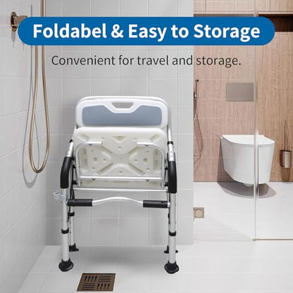 Shower Chair for Elderly & Disabled, Folding Shower Chair Seat with Arm and Back, Inside Shower Chair, Foldable Bathroom Chairs for Sitting, Portable for Travel - Collapsible, Compact & Comfortable