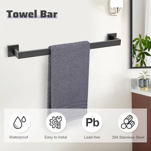 Matte Black Towel Bar Set 5-Piece Bathroom Hardware Accessories Set,23.6 Inch Modern Towel Holder Set SUS304 Stainless Steel Towel Rack Set for Bathroom,Wall-Mounted - color: 5-pcs Black