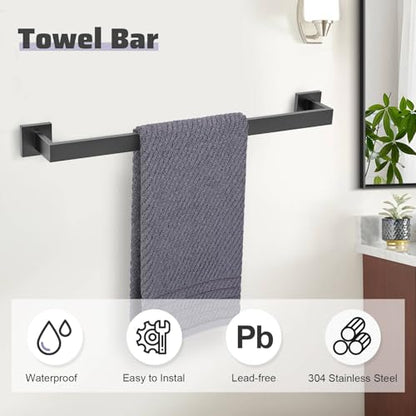 Matte Black Towel Bar Set 5-Piece Bathroom Hardware Accessories Set,23.6 Inch Modern Towel Holder Set SUS304 Stainless Steel Towel Rack Set for Bathroom,Wall-Mounted - color: 5-pcs Black