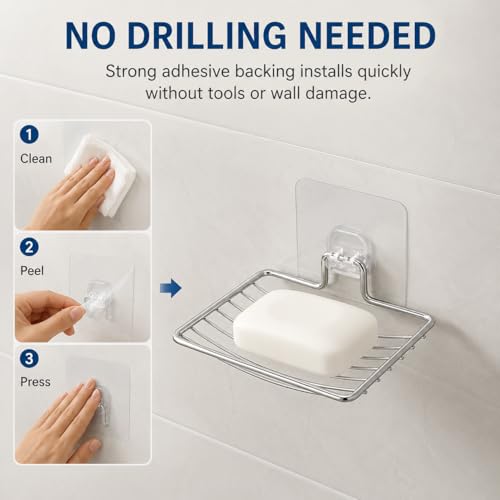 Bar Soap Holder for Shower Wall, Adhesive Stainless Steel Dish with Hooks, Rustproof Saver Tray for Bathroom Kitchen Sink, No Drilling Sponge Razor Storage Caddy, Square Drain Rack