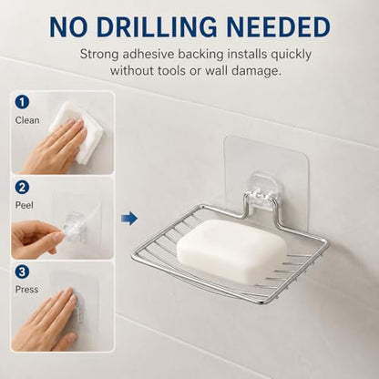 Bar Soap Holder for Shower Wall, Adhesive Stainless Steel Dish with Hooks, Rustproof Saver Tray for Bathroom Kitchen Sink, No Drilling Sponge Razor Storage Caddy, Square Drain Rack