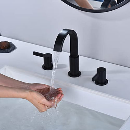 TRUSTMI 3 Hole Matte Black Bathroom Faucet 8 Inch Widespread, Brass Lavatory Vanity Sink Faucet with Overflow Pop-Up Drain and cUPC Waterlines, 360 Degree Swivel Spout - color: Matte Black