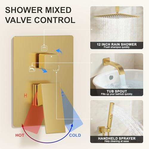 Brushed Gold Shower System with Tub Spout, Ceiling Mounted Bathtub Shower Faucet Set, 12" Rainfall Shower Head and Handheld Shower Combo, High Pressure Shower Fixtures Set with Rough-in Valve - color: Brushed Gold, style: 12" Ceiling Mounted Shower System