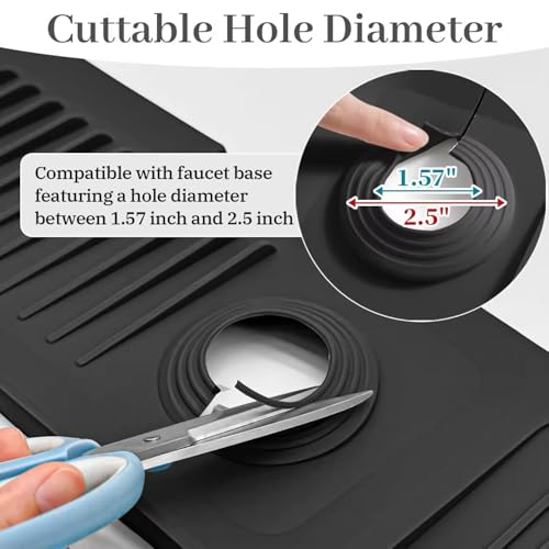 24 inch Faucet Mat for Kitchen Sink Splash Guard, 7° Slope Silicone Sink Water Splash Guard for Kitchen Sink Area with Snap Button, Longer Sink Protectors for kitchen Sink Sponge Holder, (Black )