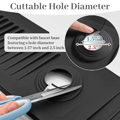 24 inch Faucet Mat for Kitchen Sink Splash Guard, 7° Slope Silicone Sink Water Splash Guard for Kitchen Sink Area with Snap Button, Longer Sink Protectors for kitchen Sink Sponge Holder, (Black )