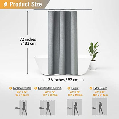 BTTN Stall Linen Textured Waterproof Shower Curtain Set, 36x72, Grey/Gray | Half Size, 230GSM Polyester, Heavy Duty Fabric, Weighted Hem, 6 Plastic Hooks, Modern Luxury Hotel Style, Machine Washable - color: Grey, size: 36"W x 72"L (Pack of 1)