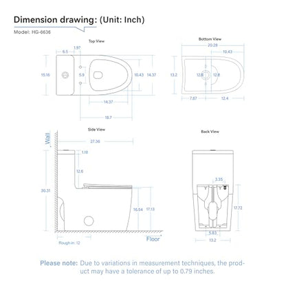 HEATGENE One Piece Toilet with Soft Close Seat, Dual Flush (0.9/1.3GPF) High-Efficiency Modern Bathroom Toilet Bowl with 17.13" Comfortable Seat Height, 12" Rough-In, White, HG-6636