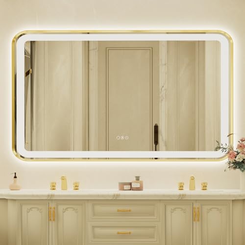 32x55 Inch LED Bathroom Mirror with Gold Frame,Front and Backlit Vanity Mirror,Tempered Glass,Stepless Dimmable Wall Mirrors with Anti-Fog, 3 Colors, Memory, Waterproof, LED Smart Bathroom Mirror - color: Gold, size: 32"L x 55"W