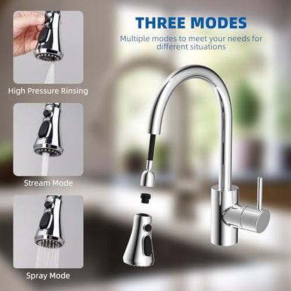 Hibbent Pull Down Kitchen Faucet Head Replacement, NSF/ANSI/CAN 61 & CUPC Certified 3-Function Sink Spray Nozzle with 15 Adapters Compatible with Moen, Delta, Kohler Faucets, Chrome - color: Chrome, style: 1.8 Gallon Per Minute
