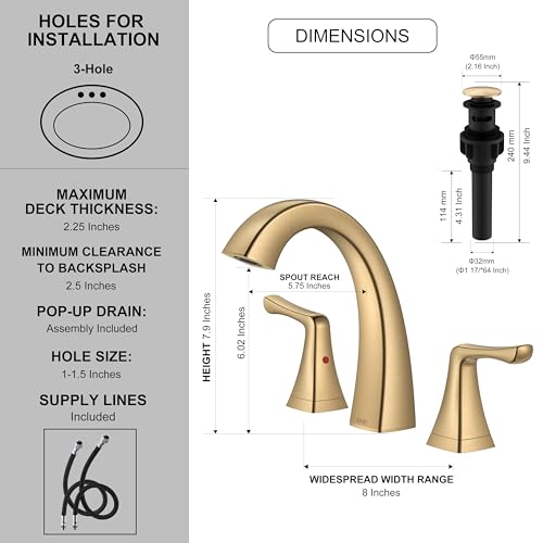 Champagne Bronze Bathroom Faucet 3 Hole, Widespread Bathroom Faucet | Bathroom Vanity Faucet with Pop Up Drain & Supply Lines, Lead-Free cUPC & NSF Certified, 8 Inch Faucet for Vanity RV Sink - color: Champagne Bronze