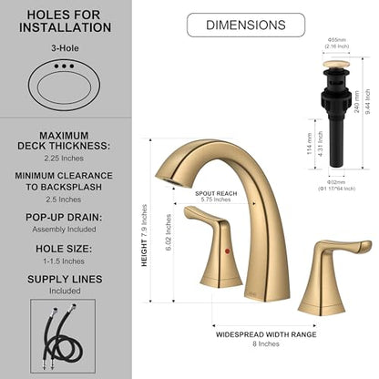 Champagne Bronze Bathroom Faucet 3 Hole, Widespread Bathroom Faucet | Bathroom Vanity Faucet with Pop Up Drain & Supply Lines, Lead-Free cUPC & NSF Certified, 8 Inch Faucet for Vanity RV Sink - color: Champagne Bronze