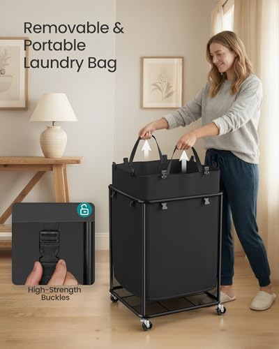 SONGMICS Laundry Basket with Wheels, Rolling Laundry Hamper with Steel Frame, Removable Liner Bag,45 Gallon (170 L), Ink Black URLS031BH01 - color: Ink Black, size: 170L-Rectangular