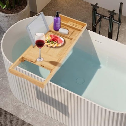 Bamboo Bathtub Tray Expandable, Natural Wood Bathtub Caddy with Holder, 29.53"-42.91" Adjustable Bath Tray for Soaking Tub, Wine Glass & Tablet Stand, Fits Most Tubs