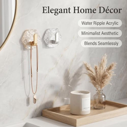 Water Ripple Hexagonal Self Adhesive Hooks, Self-Adhesive Hooks 10Pack Hexagonal Ripple Design, Drill Bathroom Kitchen Wall Hooks for Towels, Keys & Home Decor