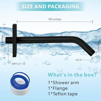 Shower Arm with 3.5" Flange, 10 Inch Wall Mount Replacement Shower Head Arm For Fixed Shower Heads and Handheld Showerhead, Matte Black - color: Matte Black, style: 10 Inch