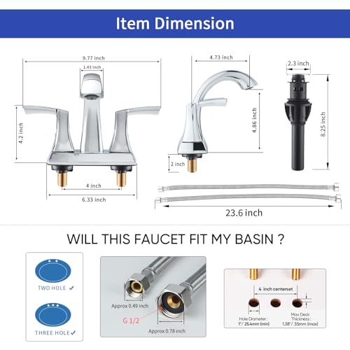 VXV Chrome Bathroom Faucet, 2 Handles Low Arc Bathroom Sink Faucets, 4 Inch Centerset Bath Lavatory Faucets with Pop-up Drain & Supply Lines (CP) - color: Chrome-4 inches
