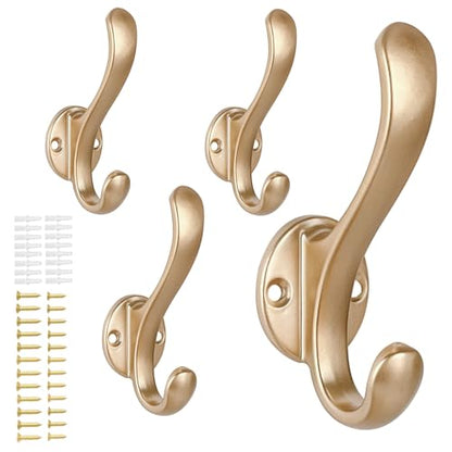 4 Pack Coat Hooks Wall Mount Heavy Duty Utility Retro Double Hooks for Hanging Coats,Hat, Towel, Key, Robe, Scarf, Bag, Cap (Gold) - color: 4 Pack-Gold