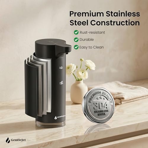 GentleJet EasyFoam Automatic Foaming Soap Dispenser, Touchless USB-C Rechargeable Sensor Pump, 304 Stainless Steel, Adjustable Foam, IPX5 Water-Resistant for Bathroom & Kitchen, 10 fl oz / 300 mL - color: Black