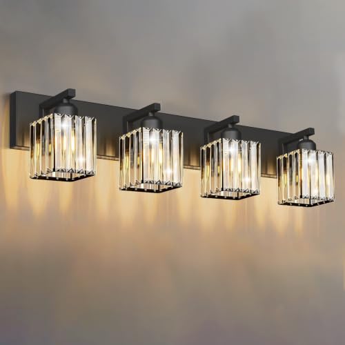 Black Crystal Bathroom Vanity Light, 4-Light Modern Bathroom Lighting Fixtures Over Mirror, Matte Black Wall Sconce Light Fixtures with Square Shade - color: Black-Square Shade, size: 4-LIGHT