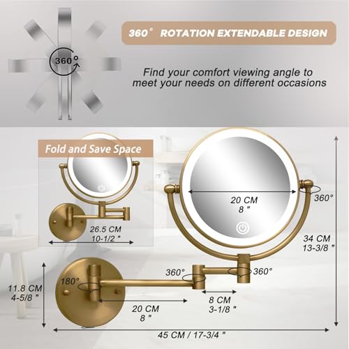 Lighted Wall Mounted Makeup Mirror with Magnification Antique Brass | Bathroom 1X/10X Magnifying, 8-Inch, 3 Color LED Touch Dimmable, Extendable Arm Vanity Shaving, Rechargeable Battery Operated - color: Antique Brass