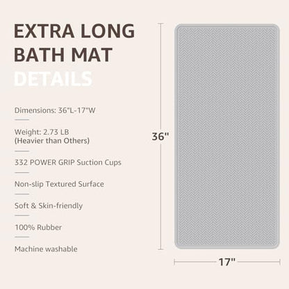 OTHWAY Bathtub Mat Non Slip, Extra Long Rubber Bath Mat for Tub, Machine Washable Shower Anti Slip Mat with 332 Strong Suction Cups (A Little Grey, 36" x 17") - color: A Little Grey, size: 36" x 17" (Rectangular)