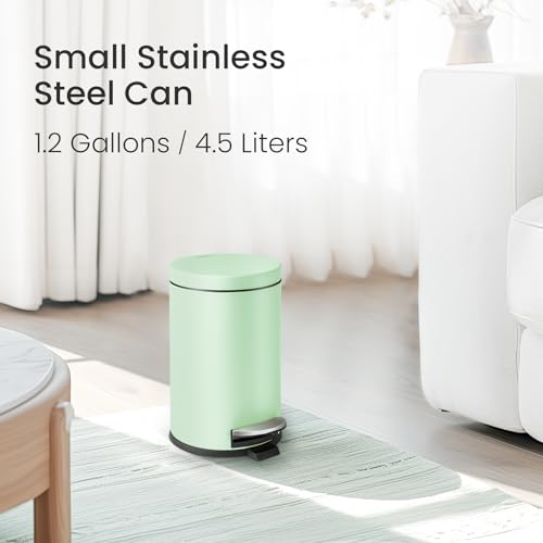 Cesun Small Round Bathroom Trash Can with Lid Soft Close, 1.2 Gal, Green | Removable Inner Bucket, Stainless Steel Garbage Can for Bedroom/Office, Hands-Free Step Pedal, Fingerprint-Resistant - color: Green