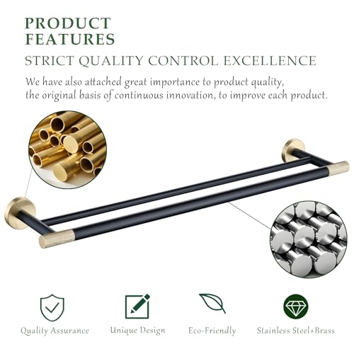 24 Inch Black and Gold Double Towel Bar, Rust-Resistant 304 Stainless Steel with Solid Brass Knurled Accents, Wall-Mounted for Bathroom & Shower - color: Black and Gold