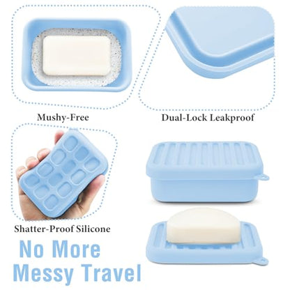 Silicone Travel Soap Case with Lid & Drain Tray, Leakproof，for Travel | Food-grade silicone, Leakproof seal, Built-in hook, Removable drain pad doubles as soap holder, For gym, travel, camping - color: Pinkblue