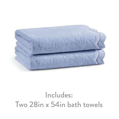 Peri Home 2 Piece Cotton Bath Towel Set, Embroidered, Blue, White Scallop - color: Blue With White Scallop, size: 2 Bath Towel