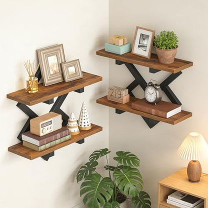 HOOBRO 15" Floating Shelves for Wall, Set of 2 Wall shelf, 2-Tier Hanging Shelves, Wall Mounted Storage Shelf, Display Rack, for Living Room Bedroom Kitchen Bathroom, Rustic Brown and Black BF14BJP201 - color: Rustic Brown + Black