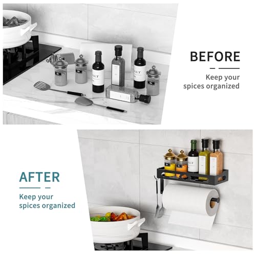 Wall Mount Paper Towel Holder with Shelf for Bathroom, Kitchen,Black 2Hooks | Metal Spice Rack, Easy One-Hand Tear Design Mounted Hanging Hand Paper Towel Roll Holder for RV, Home(Self Adhesive or Drill) - color: Black
