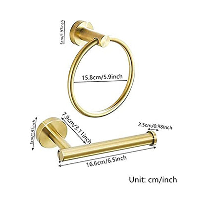 BATHSIR Brushed Gold Toilet Paper Holder & Hand Towel Holder Wall Mount 2 Pieces, Single Post Pivoting Round Modern Bathroom Hardware Towel Ring Toilet Tissue Holder, Bathroom Accessories Set - color: Gold 3