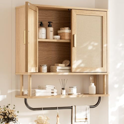 Rattan Bathroom Wall Cabinet with Towel Bar, Wall-Mounted Medicine Cabinet with Adjustable Wood Shelf & Doors, Over the Toilet Storage Cabinet for Laundry Room & Kitchen & Living Room - color: Rubberwood