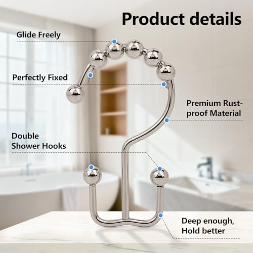Resze 12 Pcs Shower Curtain Hooks,Metal Double Shower Curtain Rings, Nickel | Glide Roller Shower Hooks, Rust-Resistant Anti-Drop Shower Rings, Smooth Sliding Hooks for Bathroom Shower Rods Curtains - color: Nickel