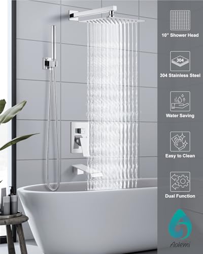 Aolemi Shower System with Tub Spout and Valve Polish Chrome | 10-Inch Square Wall Mounted Rainfall Shower Head and Handheld,3-Function Bathtub Shower Faucet Set - color: Chrome