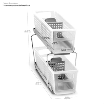 madesmart Mini 2-Tier Organizer, Multi-Purpose Slide-Out Storage with Handles and Dividers for Home and Bath, Frost | pull out bins, adjustable dividers, tiered access, cleaning supplies, under sink use, pantry bottles, woman owned - color: Grey