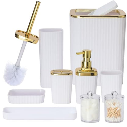 9 PCS White Bathroom Accessories Set with Trash Can Bathroom Accessory | All-in-One Kit with Trash Can,Toothbrush Holder,Soap Dispenser,Toothbrush Cup,Vanity Tray,Soap Dish,Toilet Brush etc for Home - color: White