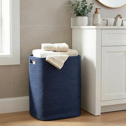 Large Laundry Hamper 16"x13"x22" - Tall Woven Baby Laundry Basket, Cotton Rope Dirty Clothes Hamper Bin, Blanket Storage for Living Room, Nursery Bedroom Aesthetic, Soft Dark Blue Hamper, 75L - color: Blue