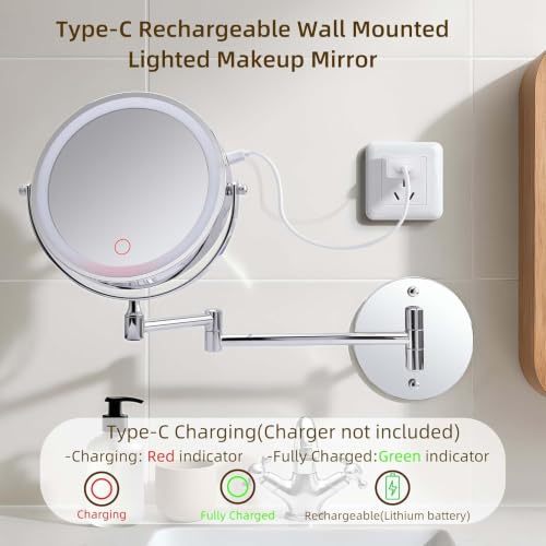 Wall Mounted Makeup Mirror with Lights, 8" Rechargeable 1X/10X Magnifying Mirror, 360° Swivel Extendable Arm, 3 Color LED (1, Chrome) - color: Chrome