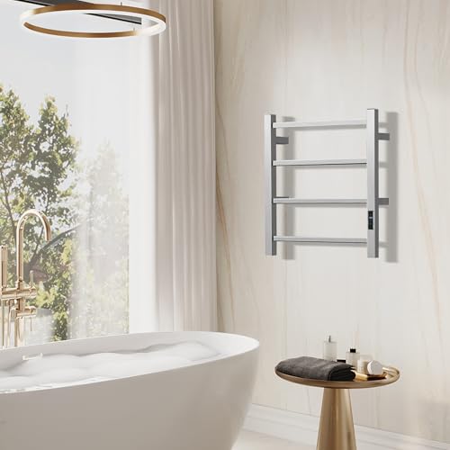 Electric Towel Rack Wall-Mounted Bathroom Heating Towel Warmer,Plug-in,Stainless Steel Material (Square Brushed with Timer, 4 Bar) - color: Square Brushed With Timer, size: 4 Bar