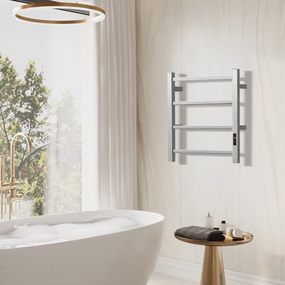 Electric Towel Rack Wall-Mounted Bathroom Heating Towel Warmer,Plug-in,Stainless Steel Material (Square Brushed with Timer, 4 Bar) - color: Square Brushed With Timer, size: 4 Bar
