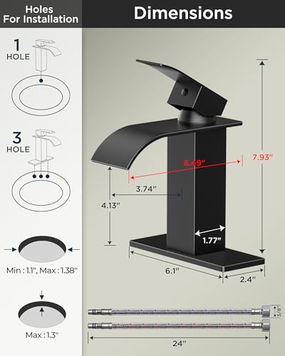 FORIOUS Bathroom Faucet 1 Hole, Waterfall Vanity Sink Faucet Matte Black | Bathroom Sink Faucet 1 or 3 Hole, Square Single Handle with 24" cUPC Supply Line and Pop-up Drain, Fits RV Restroom Basin - color: Matte Black