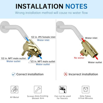 G-Promise Solid Metal 3-Way Shower Diverter Valve (Polished Gold) | Smooth Knob Switch, Spray Separately or Both, Anti-Leak, Easy to Install, Standard Connections, Universal Replacement Part - color: Polished Brass