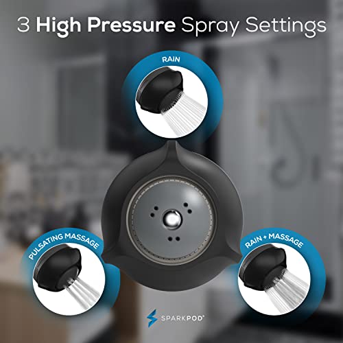 SparkPod High Pressure Shower Head, 3 Inch Fixed Showerhead, Black Matte | Rain, Pulsating & Combo Modes, Helps Boosts Low Water Pressure, Anti-Clog Nozzles, Easy Install - color: 3. Midnight Black Matte