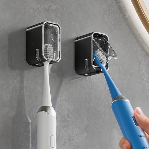 MOPMS Single Slot Toothbrush Holders Wall Mounted with Cover for Bathrooms | 2PCS Toothbrush Cover for Shower, Single Toothbrush Dispenser Storage Organizer for Family & Travel - color: Black